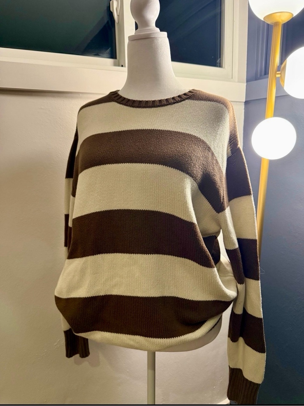 Brandy Melville Cream and Brown Wide-Stripe Crewneck Sweater